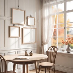 Fototapeta premium Round dining table with open book and four empty frames on wall