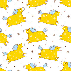 Seamless pattern with cute сartoon happy horse with flowers - funny animal background for Your kawaii design