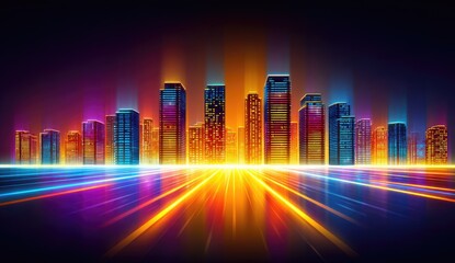 Vibrant cityscape glows with neon light streaks in a futuristic scene.