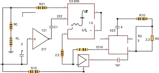 Electronic circuit diagram, resistors capacitors, operational amplifiers, waveform generator, analog system, mixed signal design, engineering schematic, 
