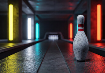 Bowling Pin in Dark Alley with Neon Lights and Lanes graphic design