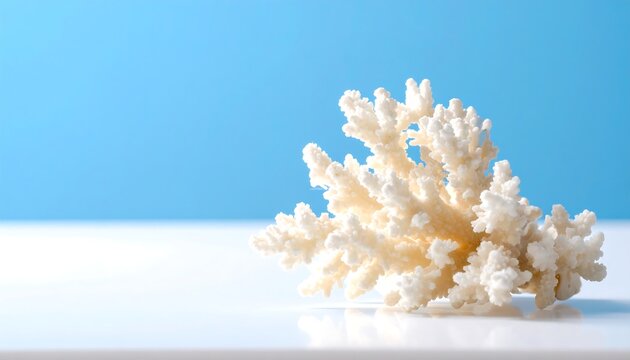 Pale coral branch resting on a white surface against a bright blue background; simple composition