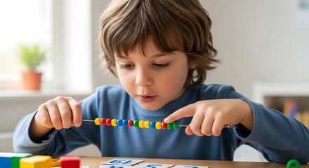Young boy concentrating on counting beads on an abacus.