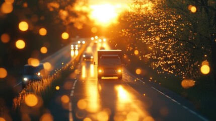 Luminous truck on warm sunset road, blurry cars and nature in background