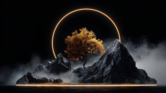 Surreal minimalist landscape with jagged gray mountains and vibrant tree at night