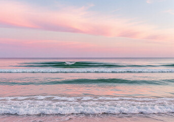 Gentle ocean waves at sunrise with soft pink and blue sky graphic design