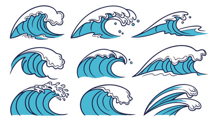 Fototapeta premium Crashing Ocean Waves Vector Set. Dynamic Blue Sea Water for Web Design, Summer Travel, Marine Logos, Water Sports, and Nature Graphics.