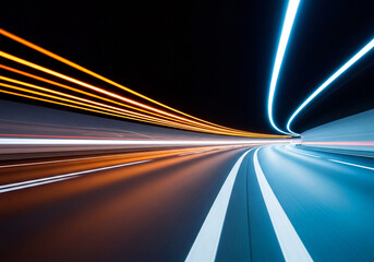 Light trails in a dark tunnel with blue and orange streaks Keywords: light trails, tunnel, dark