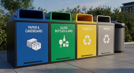 Recycling Bins Labeled for Different Waste Types Lined Up Outdoors.