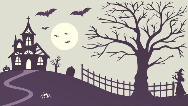 Eerie Halloween Night Silhouette Vector with Haunted House, Witch, Bats, Full Moon, and Bare Tree. Spooky Autumn Holiday Design for Party Invites and Web Banners.