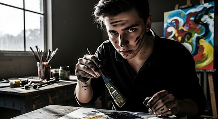Young artist focused on painting in studio with colorful artwork