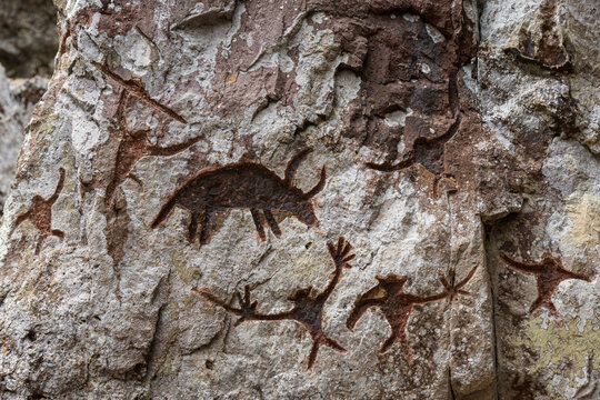 View of ancient rock carvings etched into the weathered stone, depicting animal figures and human-like shapes in Muyiji Sacred Valley, Ximeng, China.