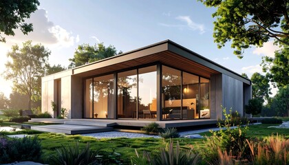 Modern, rectangular home w/large windows surrounded by lush green landscape on a bright, sunny day