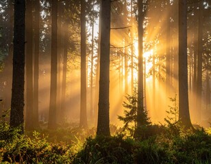 Forêt au lever du soleil – lumière dorée et atmosphère paisible de nature