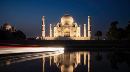 Obraz premium Night view of the Taj Mahal glowing in warm golden color. AI Generative