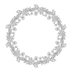 Botanical wreath of floral branches with leaves and flowers. Round frame of twigs, black contour, isolated on white. Sketch garland for wedding decoration and design projects. Vector illustration