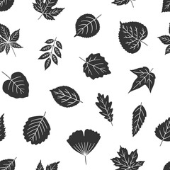 Seamless pattern with black silhouette leaves on white background. Textured leaf of maple, linden, birch, chestnut, and others. Print for textile, package, and wrapping paper. Vector illustration