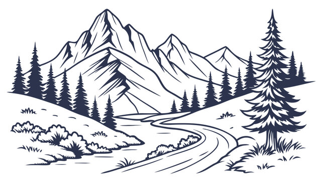 Scenic Mountain Landscape with Winding Road and Pine Trees Line Art Vector Illustration for Travel Adventure and Nature Exploration