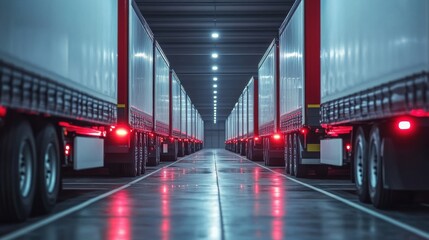 Rear view of trucks in a vehicle storage area, symmetry, industrial setting
