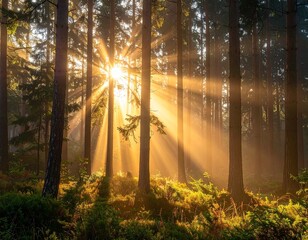 Forêt au lever du soleil – lumière dorée et atmosphère paisible de nature