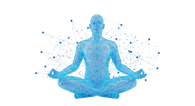 Digital Harmony Meditative Pose Tech Inspired Serenity Connection of Mind and Body in a Cyberpunk Aesthetic Virtual