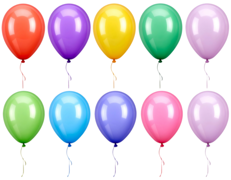 Ten brightly colored balloons floating upwards against a black background