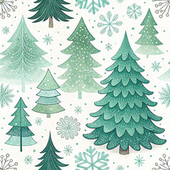 Obraz premium Whimsical christmas tree pattern with snowflakes and pine trees