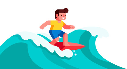 A Cheerful Surfer Enjoying Riding A Large Wave On His Surfboard In The Ocean