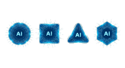 AI Technology Shapes Futuristic Geometric Icons with Artificial Intelligence Symbols Blue Glow Modern Tech Innovation