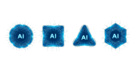 AI Technology Shapes Futuristic Geometric Icons with Artificial Intelligence Symbols Blue Glow Modern Tech Innovation