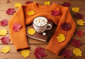 Cozy orange sweater with a warm cup of hot chocolate and marshmallows surrounded by autumn leaves