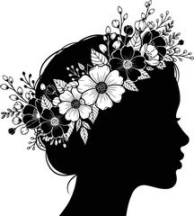 Elegant female head silhouette with floral crown design