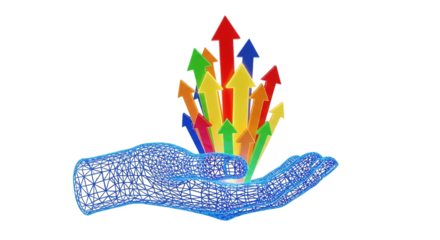 Wireframe Hand Holding Arrows Growth Success Direction Future Technology Innovation Chart Rising Strategy Investment