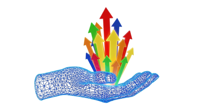 Wireframe Hand Holding Arrows Growth Success Direction Future Technology Innovation Chart Rising Strategy Investment