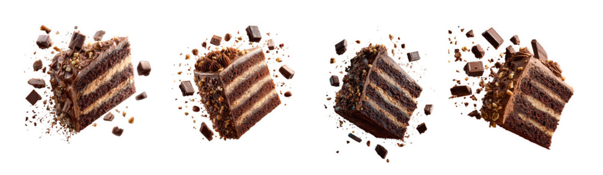 Decadent chocolate cake slices with creamy layers, nuts, chocolate pieces, and crumbs falling deliciously isolated on transparent background