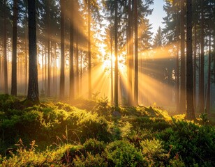 Forêt au lever du soleil – lumière dorée et atmosphère paisible de nature