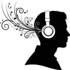 Minimalist person with headphones music silhouette banner design