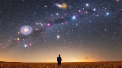 A Man Stands in a Field Under a Dazzling Galaxy Sky: Cosmic Wonder and The Vast Universe