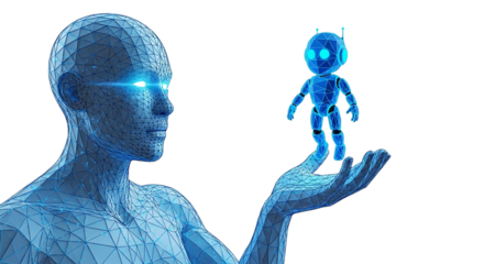 AI Humanoid Holding a Tiny Robot Futuristic Technology Artificial Intelligence Robotics Innovation Cyberpunk Digital Art