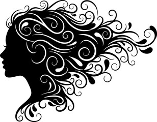 Artistic abstract female profile silhouette with flowing curly hair