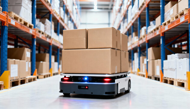 Autonomous mobile robot transporting stacked brown boxes down a long aisle in a modern automated warehouse.
