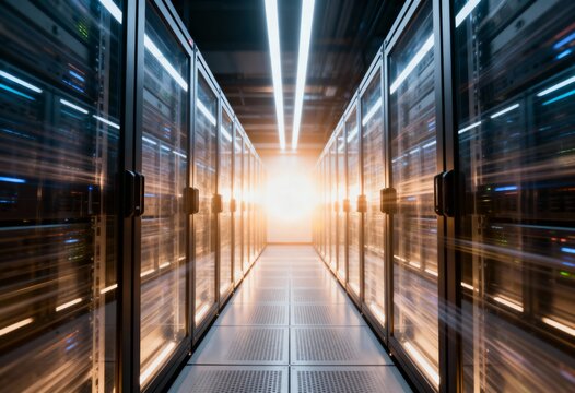 Symmetrical data center aisle lined with glowing server racks, culminating in a bright light flare. - Powered by Adobe