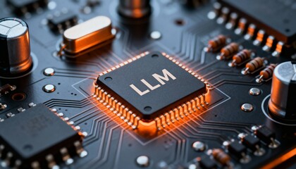 High-tech circuit board featuring a central processor chip labeled LLM, illuminated by a vibrant orange glow.