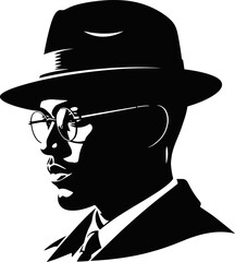 Stylized male silhouette with glasses and hat profile