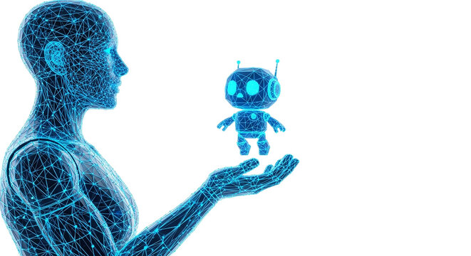 Futuristic AI Creation Woman holding Robot with Digital Tech Artificial Intelligence Concept Technology Future