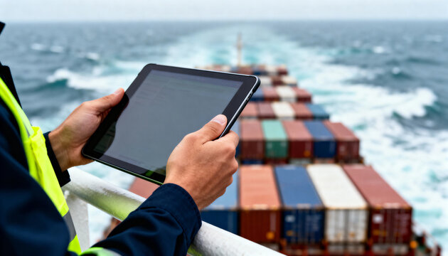 Close-up of hands holding a tablet device on the deck of a cargo ship, overlooking shipping containers and the ocean wake. - Powered by Adobe