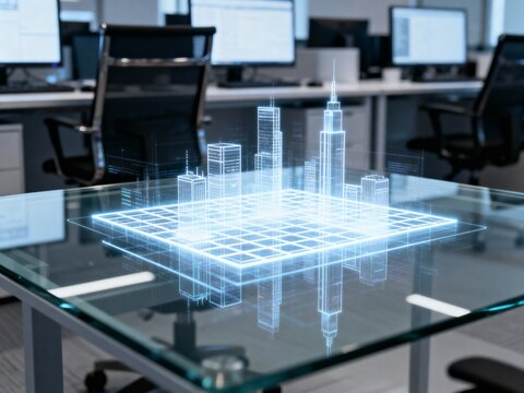 Holographic wireframe city model projected onto a glass table in a modern, blurred office setting, high-tech urban planning.