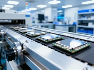 Closeup of CPU chips moving along an automated conveyor belt in a high-tech manufacturing facility.