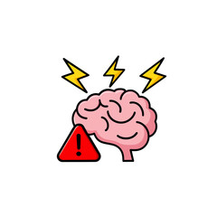 Brain overload illustration with warning sign symbolizing mental health crisis, anxiety, stress, and cognitive function issues for educational use