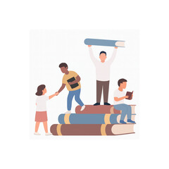 Diverse students celebrate learning and knowledge together, climbing stacks of books towards educational success
